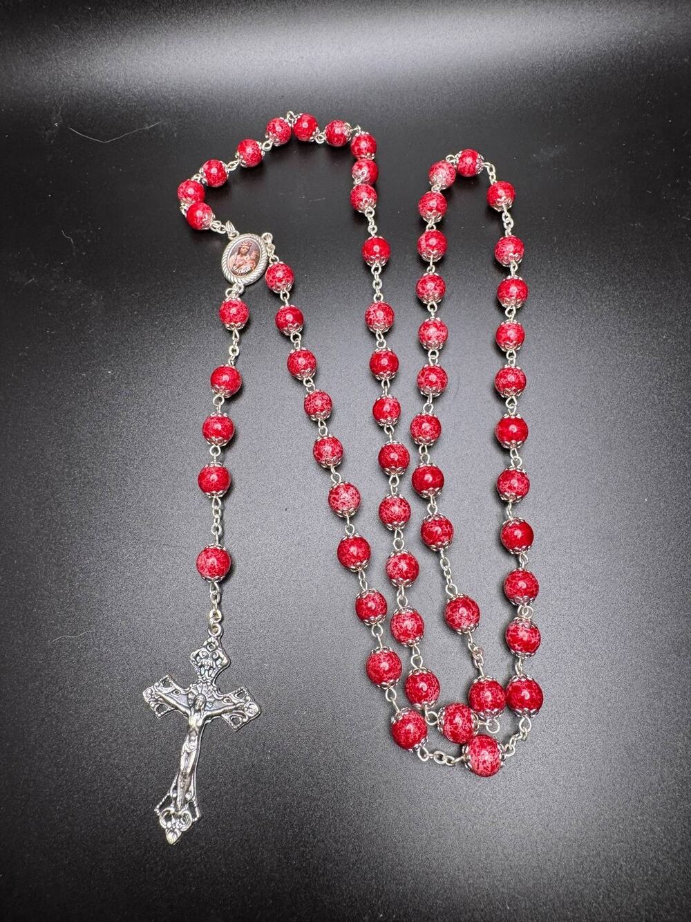 Catholic Rosary Beads Madrid Religious Jewelry Red Speckled Silver Tone Metal